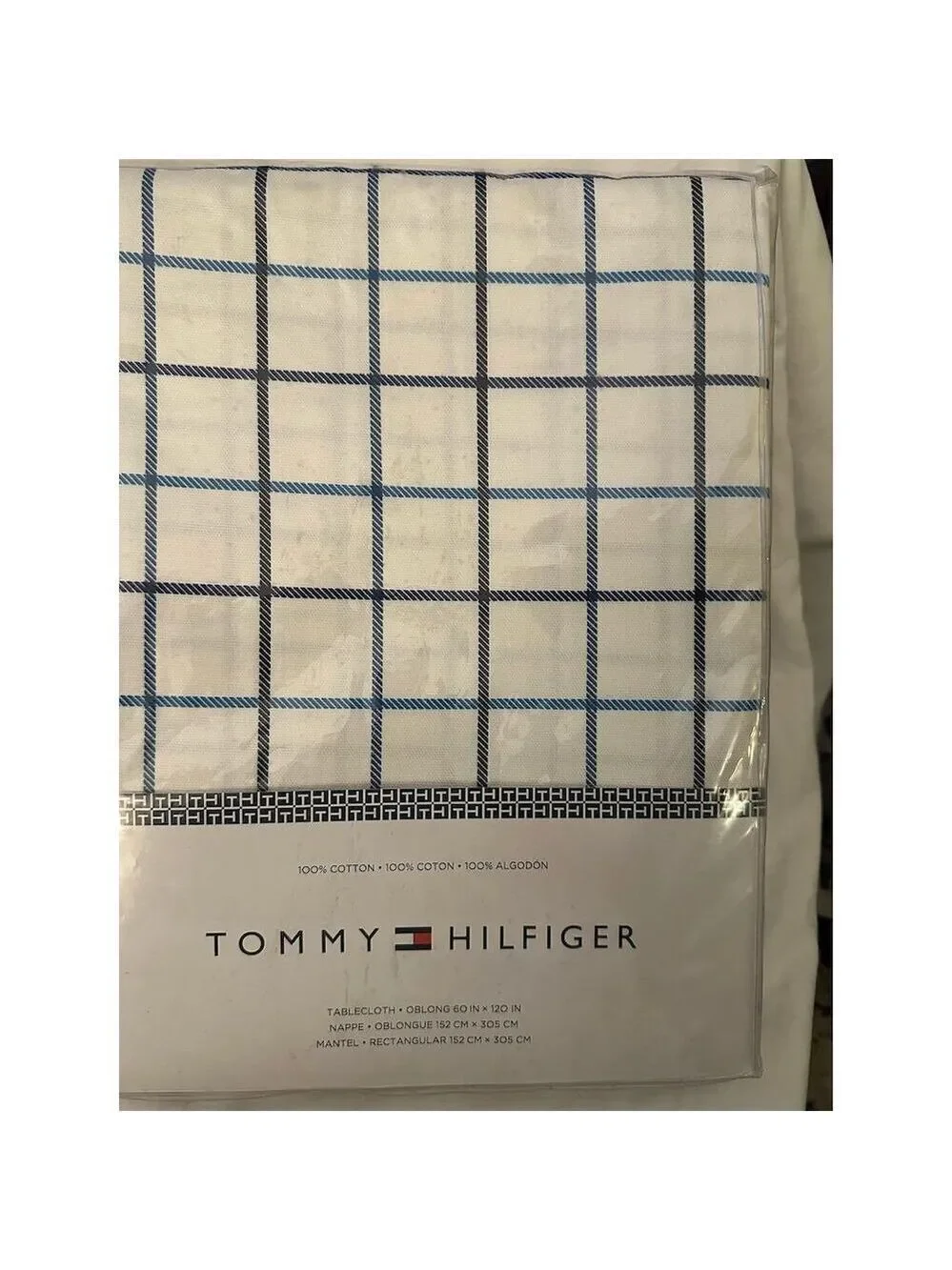 Tommy Hilfiger Blue Checked Oblong Tablecloth Dining Room Decor